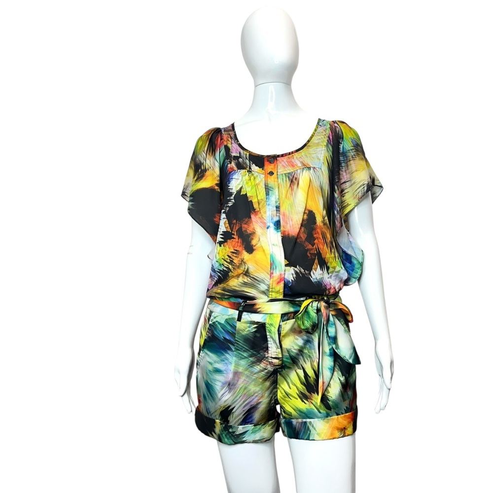 Ted Baker London Abstract Print Satin Belted Romper Size 1/US 4